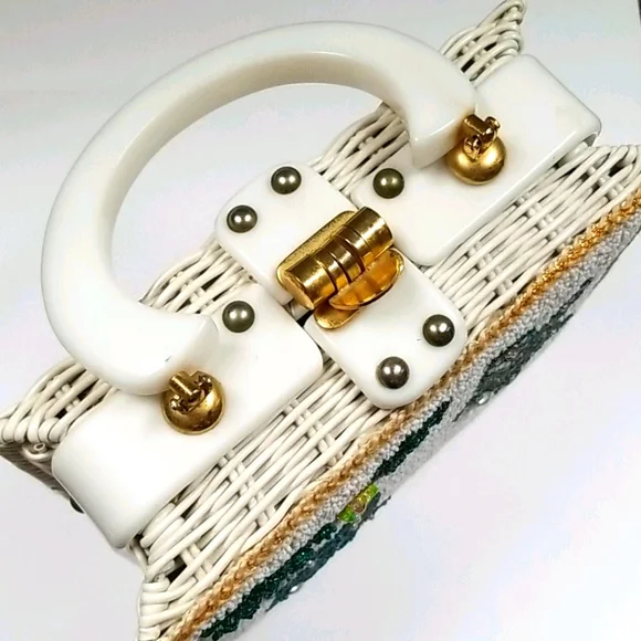 Vintage 1950s Mid Century ADELES Miami Beaded Lucite Wicker Box Bag - Picture 7 of 16